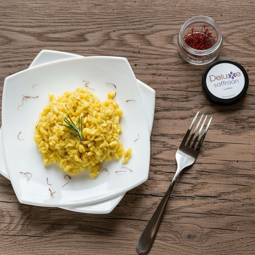 Romige gouden Risotto alla Milanese met saffraan en Parmezaanse kaas