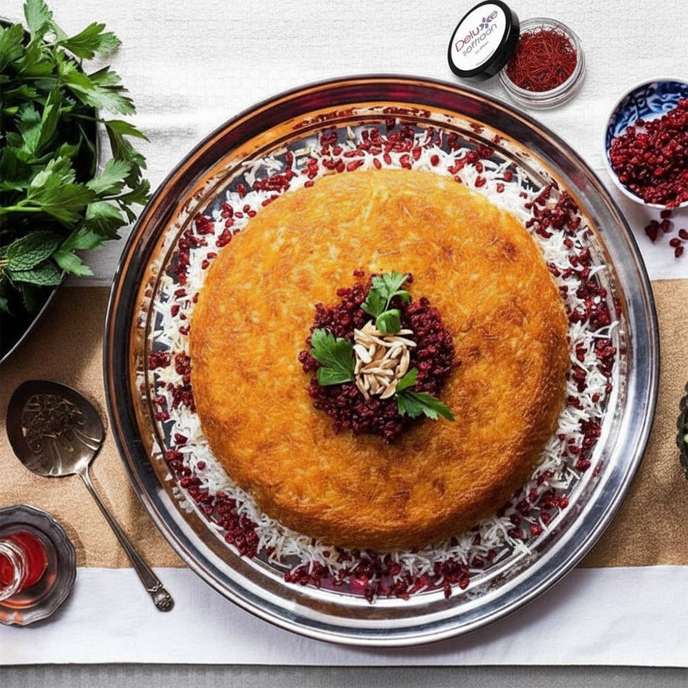 Krokant gouden tahdig met zereshk en saffraan